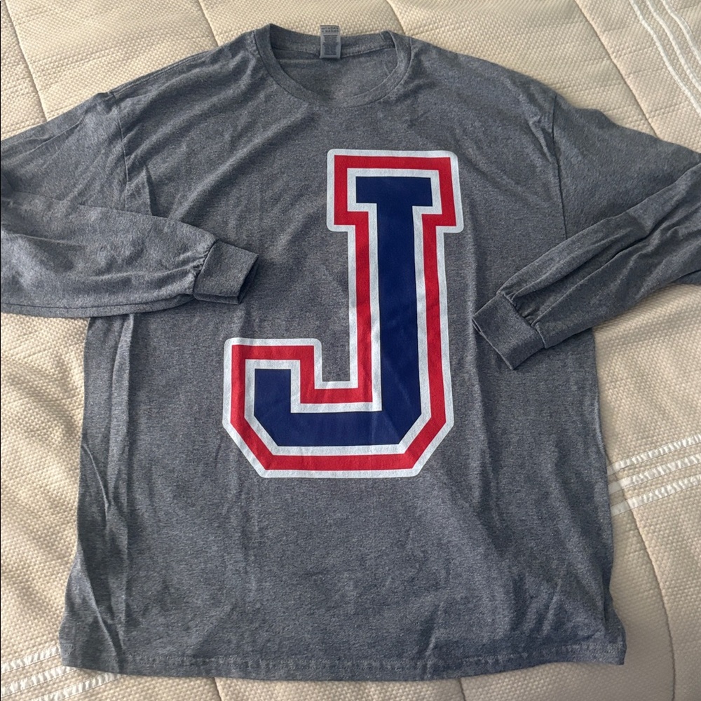 Gildan Gray Long Sleeve Tee with Red and Blue J